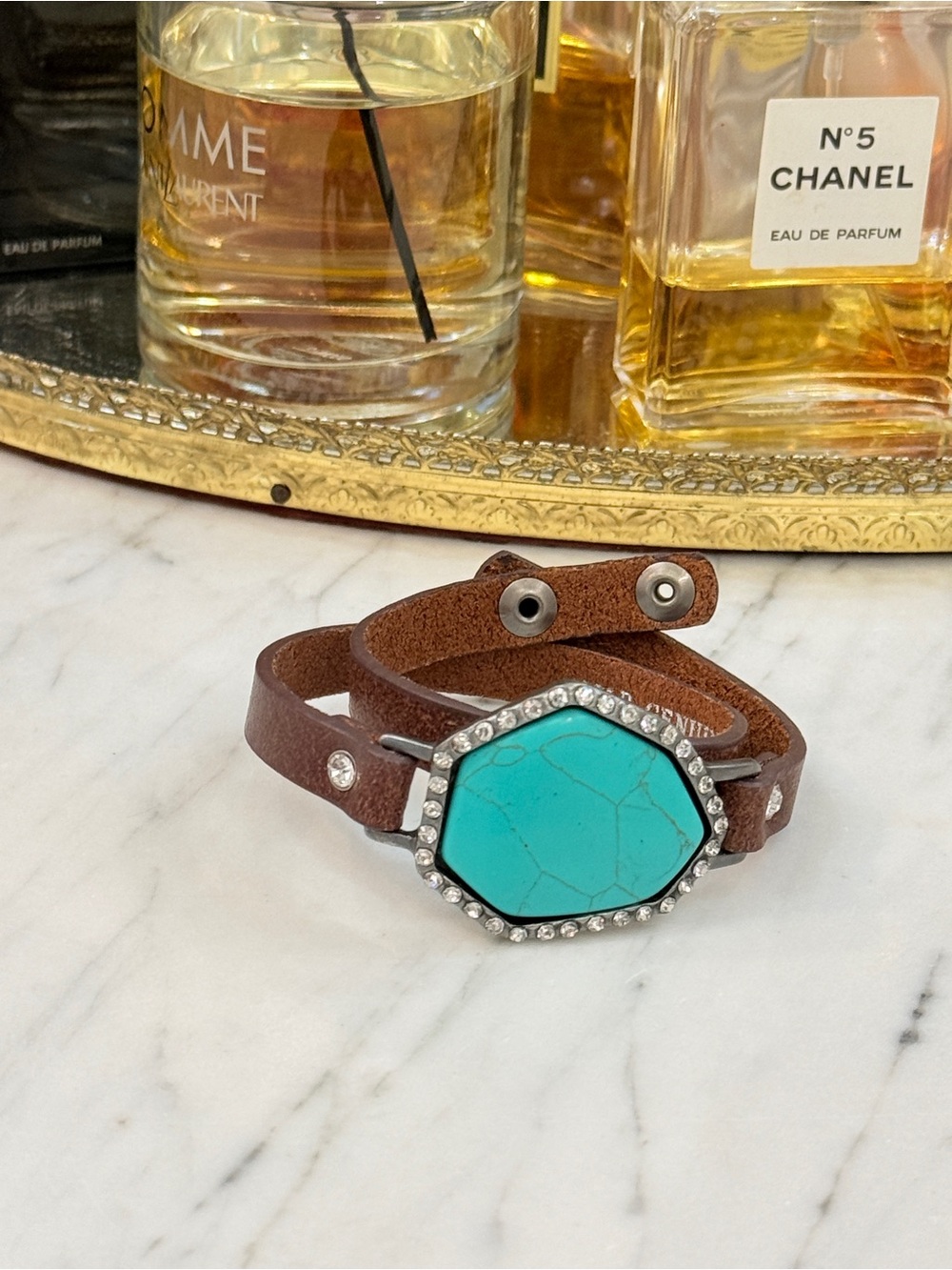 Turquoise & Brown Leather Wrap Bracelet